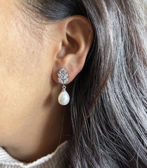 3cm long marquise cut cz stone studs with pearl hangings crafted in pure silver