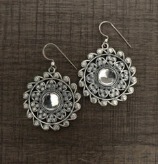 3.5 cm diameter kundan stone cut work earrings in pure silver