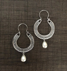 3.7cm diameter cut work balis with pearl drops in pure silver