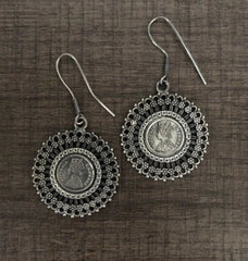 3.8 cm diameter vintage coin pattern carving work earrings in pure silver