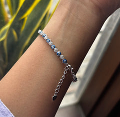 Evil eye with cz stones in flower pattern adjustable tennis bracelet in pure silver