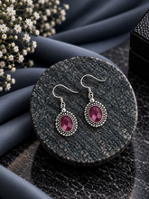 Ruby pink onyx oval cut stone rava border hangings in pure silver