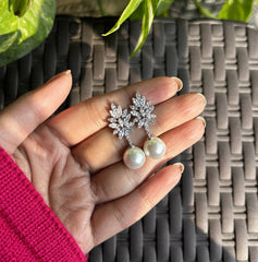 Explosion pattern multi cz studs with pearl drops in pure silver