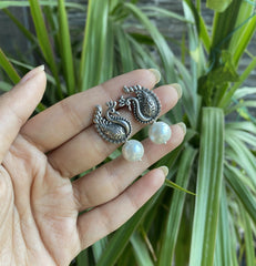 Small size antique finish peacock studs with pearl drops in pure silver