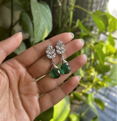 3.5 cm long marquise cut cz stone studs with dark green drops in pure 925 silver