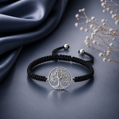 Pure silver adjustable Curved Tree of Life motif hand braided bracelet