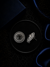 2.1 cm diameter carving rava work studs with a black onyx cut stone center in pure silver
