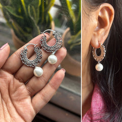 2.5cm filigree balis with single pearl drop in pure silver