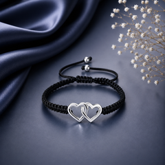 Pure silver adjustable Twin Hearts motif hand braided bracelet