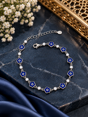 Flower evil eye with cz stones adjustable bracelet in pure silver