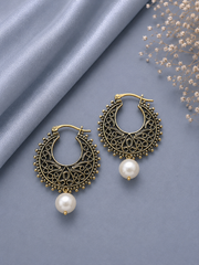 Filigree cut work balis with single round pearl drops in pure silver with 22kt gold plating