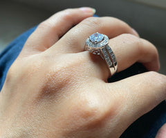 Bold multi cz stone round halo,two line ring with a half studded band in pure silver