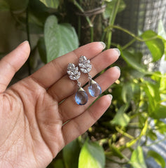 3.5 cm long marquise cut cz stone studs with light blue drops in pure silver