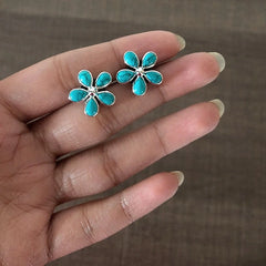 Turquoise stone flower studs made in pure silver