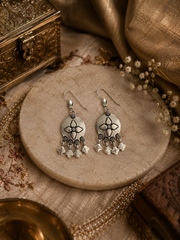 Round hangings with flower applique and gypsy drops in pure silver