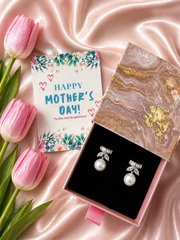 Baguette cut cz stone pearl drop studs in pure silver