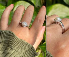 9mm diameter pearl ring with a cz stone border in pure silver