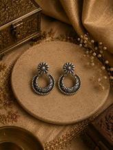 Antique finish chandbali style floral pattern stud earrings in pure silver