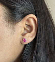 5x7mm oval ruby pink cz bezel setting studs in pure silver