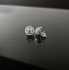 1.2 cm diameter multi cz stone round halo screw back studs in pure silver