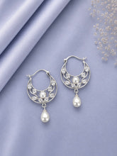 Floral pattern cz stone balis with pearls set in and pearl drops in pure silver