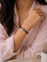 1.2 cm diameter adjustable evil eye bead hand braided bracelet with a pure silver ring