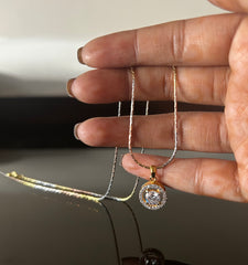 Three tone plating 18inch chain with 1.1cm multi cz halo round stone pendant in 22kt gold plating, all made pure 925 silver