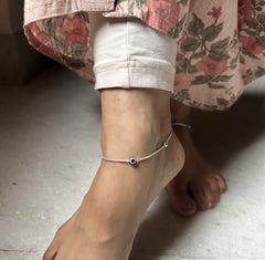 Tiny evil eye bead adjustable anklet in pure silver
