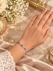 Flower evil eye with cz stones adjustable bracelet in pure silver