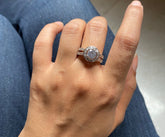 Bold multi cz stone round halo,two line ring with a half studded band in pure silver