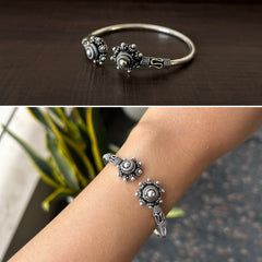 Two circle ethnic carving work kada in pure silver