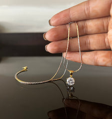 Three tone plating 18inch chain with an 8mm cz stone pendant in 22kt gold plating, all made pure silver