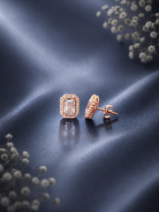 Rose gold plated octagon halo cz studded emerald cut studs in pure silver