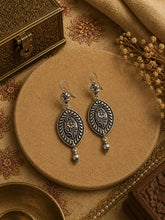 Oxidized finish floral carving work earrings in pure silver