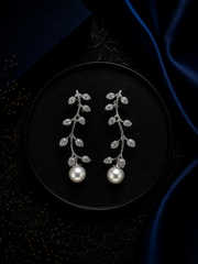 Pure silver cz stone leaf pattern long earrings with pearl drops