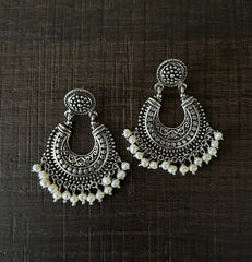 Chandbali style filigree work with pearl earrings in pure silver