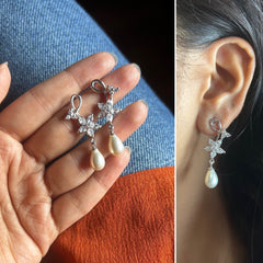 Flower with loop pattern multi cz stone pearl drop studs in pure silver