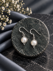 1 cm diameter fresh water pearl drop hangings in pure silver