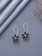 Black cz cut stone flower loops in pure silver (small)