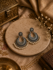 Antique studs with filigree cut work chandbalis and shell pearls in pure silver