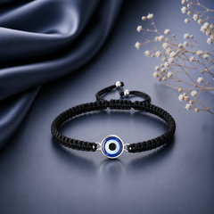 1.2 cm diameter adjustable evil eye bead hand braided bracelet with a pure silver ring