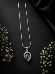 Designer studded curved evil eye pendant with a 20inch shiny chain in pure silver t