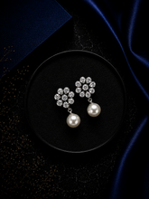 Flower cz stone studs with pearl drops in pure silver