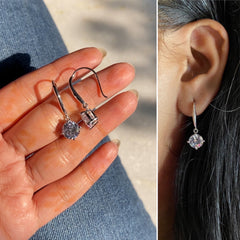 Single 8mm round cz stone , four prong drop earrings in pure silver