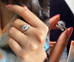 Evil eye multi cz adjustable ring in pure silver
