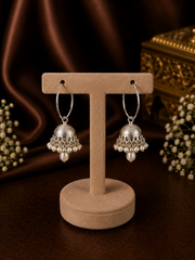 Multiple pearl cluster jhumka with a 3 cm thin plain bali in pure silver