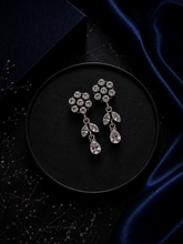 Cz stone flower + leaf pattern 3.5 cm long dangling studs in pure silver