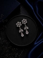 Cz stone flower + leaf pattern 3.5 cm long dangling studs in pure silver