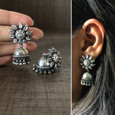 Antique finish flower studs with hammered jhumkas in pure silver