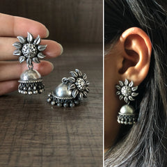 Antique finish flower studs with hammered jhumkas in pure silver